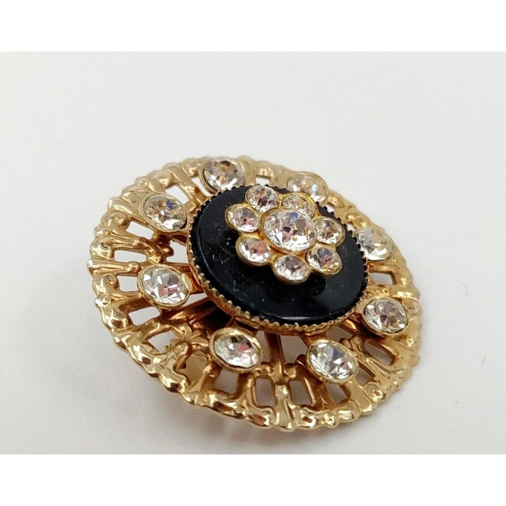 Vintage Flower‎ Brooch Pin Black Gold-Tone Rhinestone Victorian